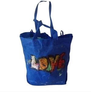 Crude Folk Art "LOVE" Nylon Reusable Tote Hand Painted Tote